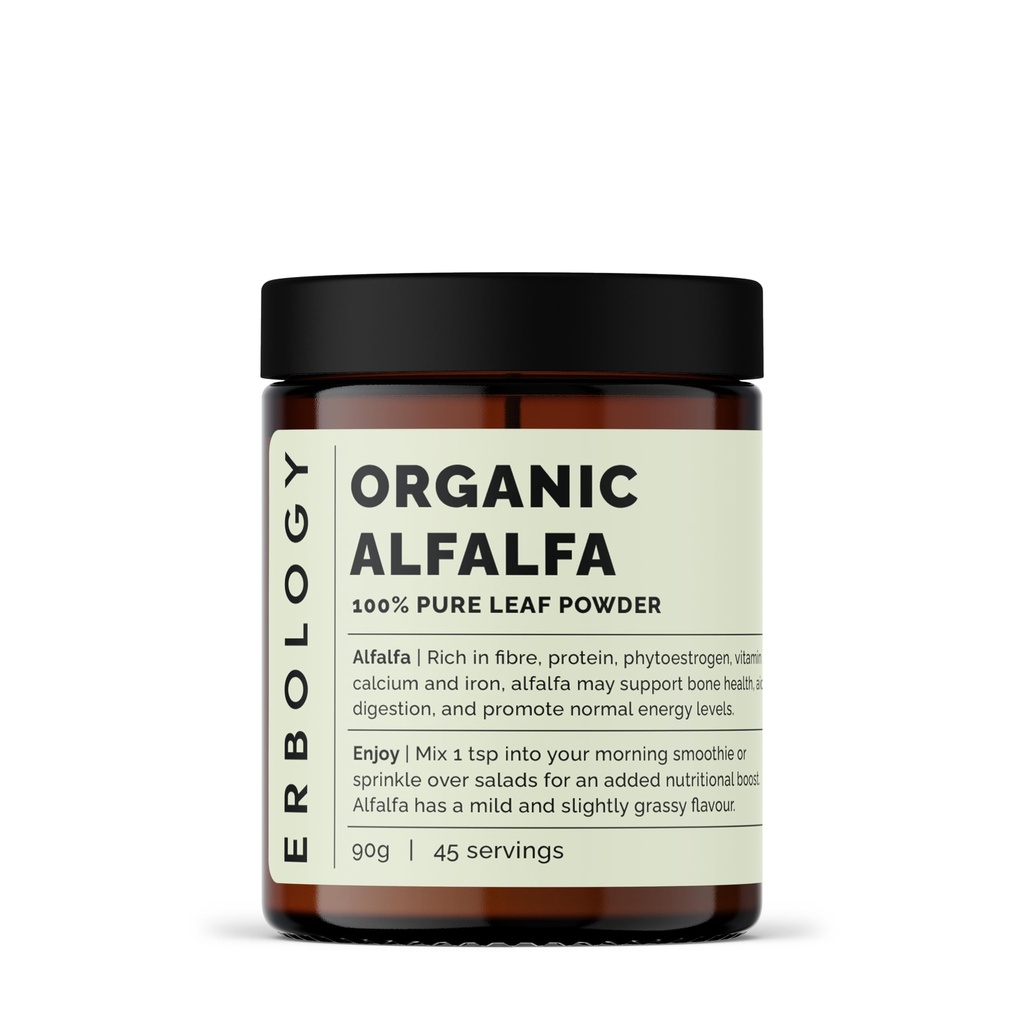 Erbologi Økologisk Alfalfa pulver 3.2 oz - 45 Serveringer - Støtter Bein og Gut helse - rik på vitamin A, kalsium og jern - Oppnåelig Sourceed Straight from Farm - Small Batch - Vegan - GMO-Free