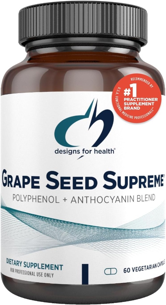 Designer for Helse Grape Seed Supreme - 200 mg Grapefrø Ekstrakt Supplement med Grape Skin + Muscadine Grape - Non-GMO Polyphenol + Anthocyanin Antioksidant Blanding (60 kapsler)