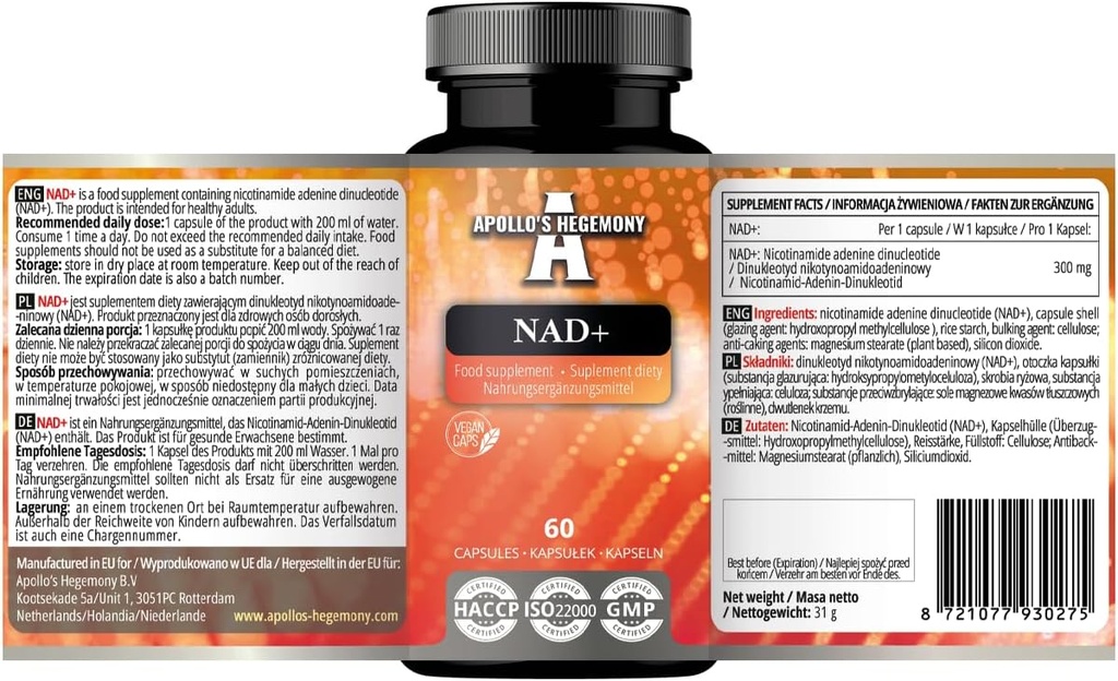 APOLLO'S HEGEMONY NAD + 300 mg - Coenzymic Form of Vitamin B3-60 Vegan Capsules - 2 måneders forsyning - Nikotinamid Adenin Dinukleotid kosttilskudd