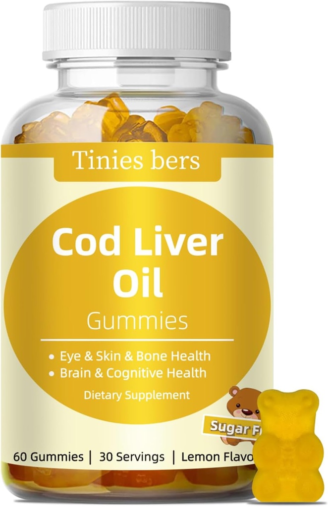 Cod Liver Oil Gummies 1000mg, Sukkerfri for voksne og barn, Omega-3s og vitamin A&D for hjernen, Kognitiv, Hjerte & øye, Bein Helse, Glutenfri, Ikke GMO, Pektin, 60