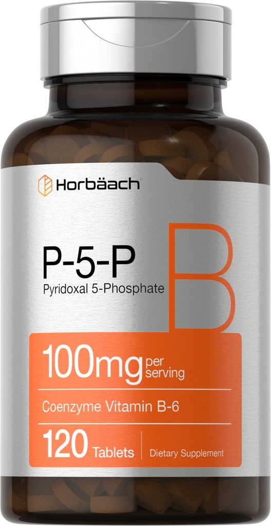Horbäach P5P Aktivert vitamin B6 100 mg | 120 tabletter | Vegetarisk kosttilskudd, ikke-GMO, Glutenfri | Pyridoxal 5 Fosfat | Coenzym B6