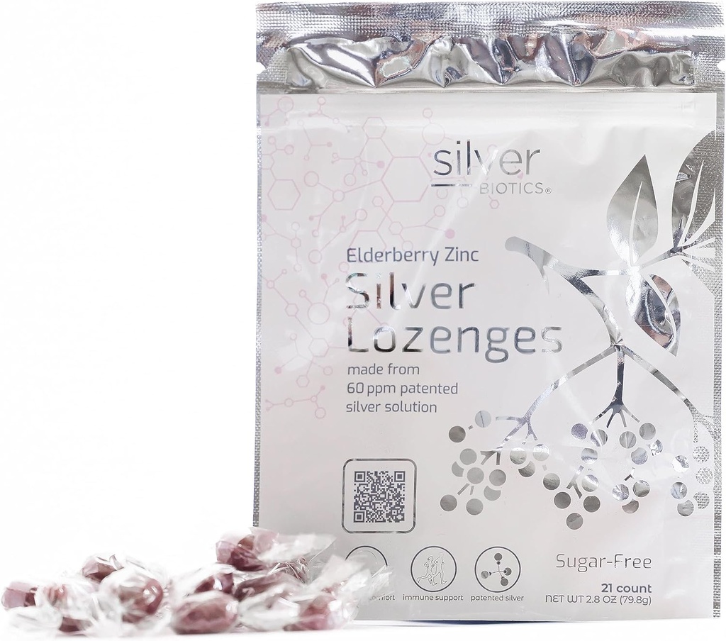 Sølv Biotisk Sukker-fri Colloidal Sølv Lozenges | 60 ppm SilverSol | Immunstøtte + Throat Soothing Comfort | Elderberry Zinc | 21 Count
