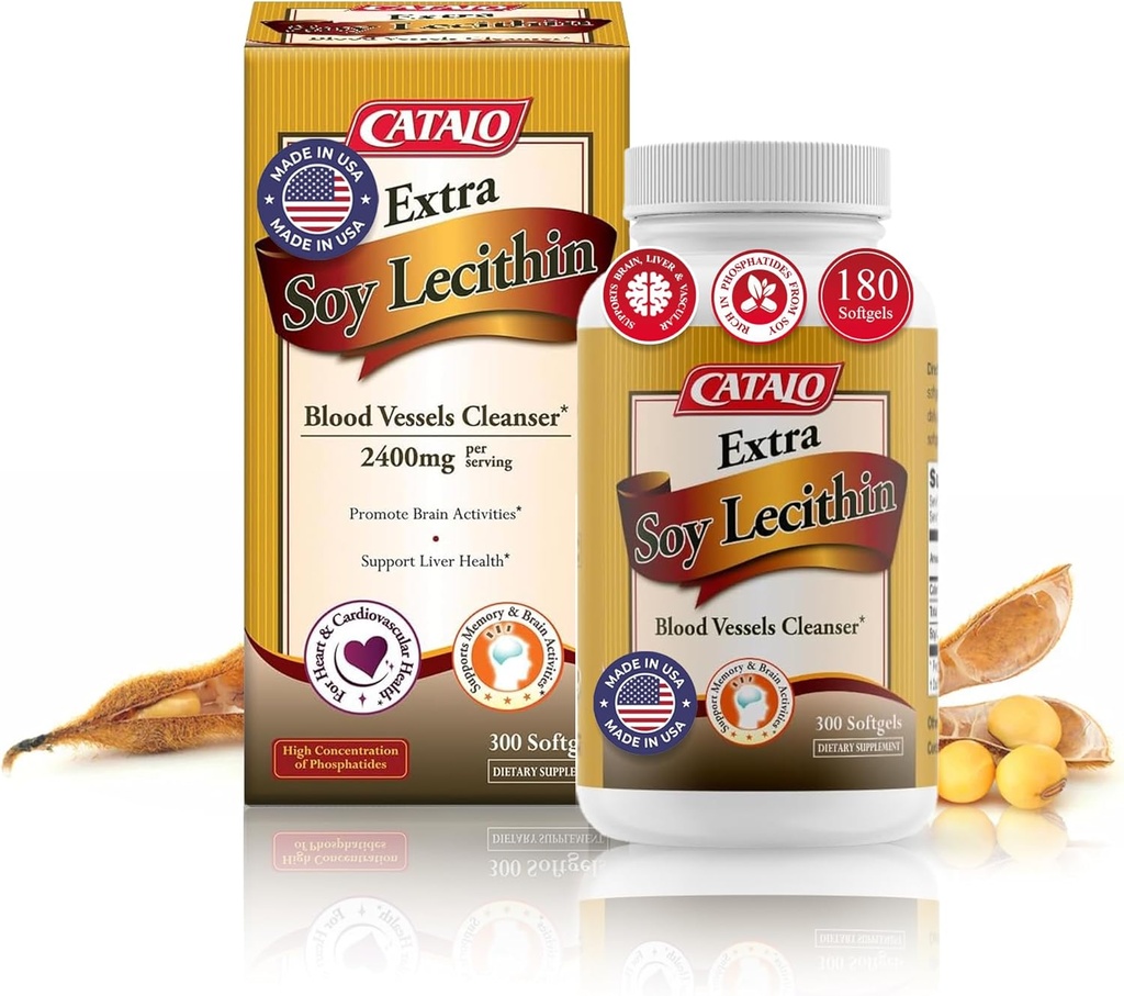 CATALO Extra soya Lecithin Kapsler – Blood Vessel helse, hjernefunksjon og lever velvære – Soya Lecithin Supplement for voksne, 300 Softgels