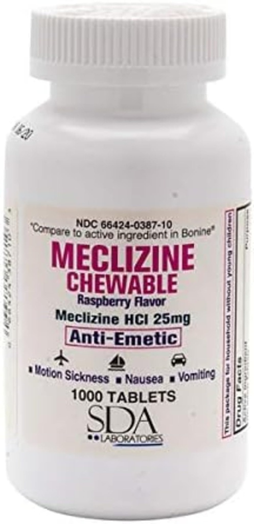 SDA LABORATORIES Meklizine Chewable tabletter, 25 mg, Anti-Emetisk, bringebær flavor, bevegelsessykhet og vertigo lindring for hemmighet, svimmelhet, og besvimelse, 1000 greve (1 pakke)