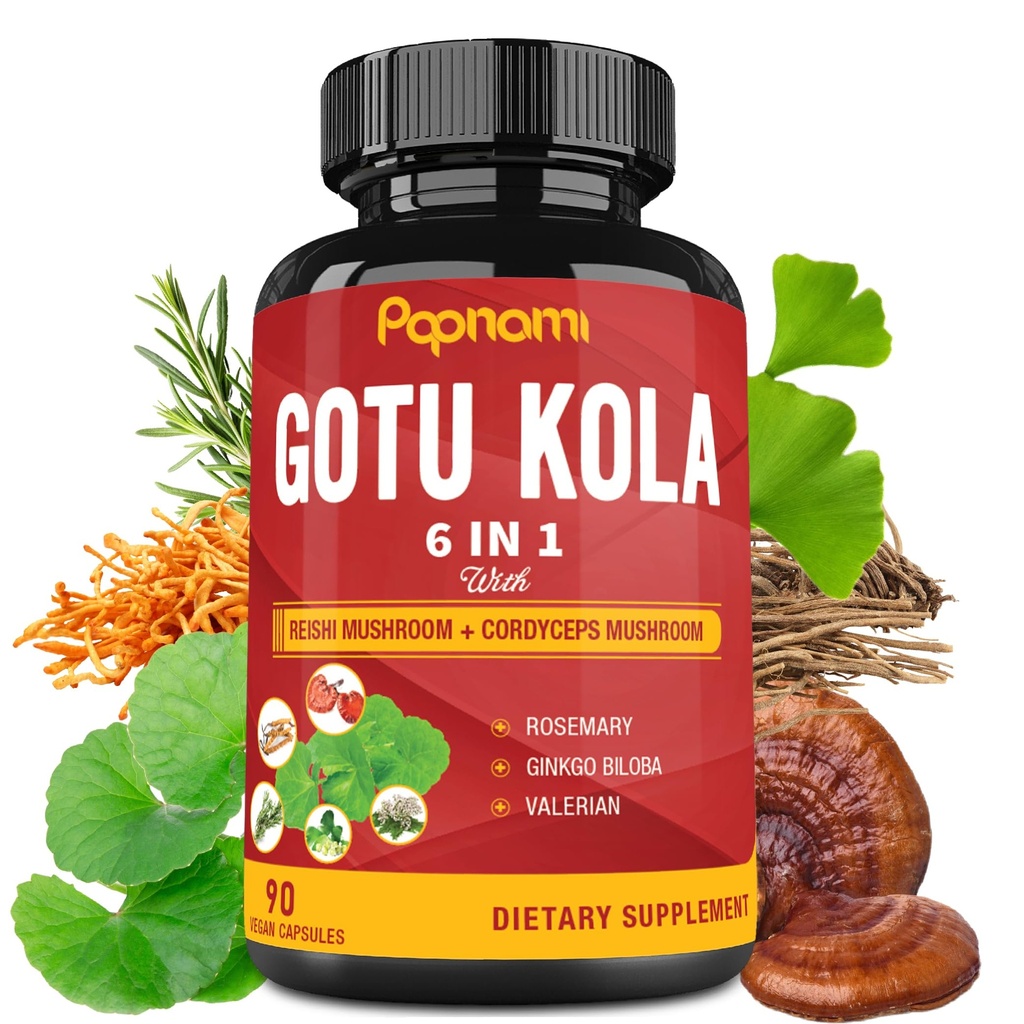 Organic Gotu Kola Extract Kapsler med Reishi, Cordyceps, Rosemary, Gingko Biloba & Valerian Root - 90 teller i 3 måneder - støtter hjernen, immuniteten, hud og hjerte helse