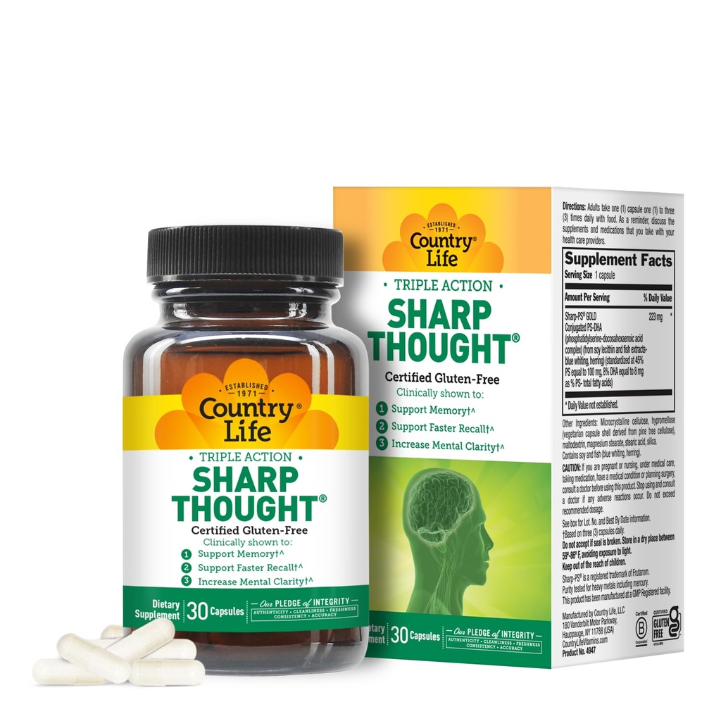 Country Life Sharp Thought - Minne og kognitiv støtte Supplement - Sharp-PS Gull Fosfatidyserin + DHA - fremmer mental klarhet og raskere minner - Glutenfri, 30 kapsler