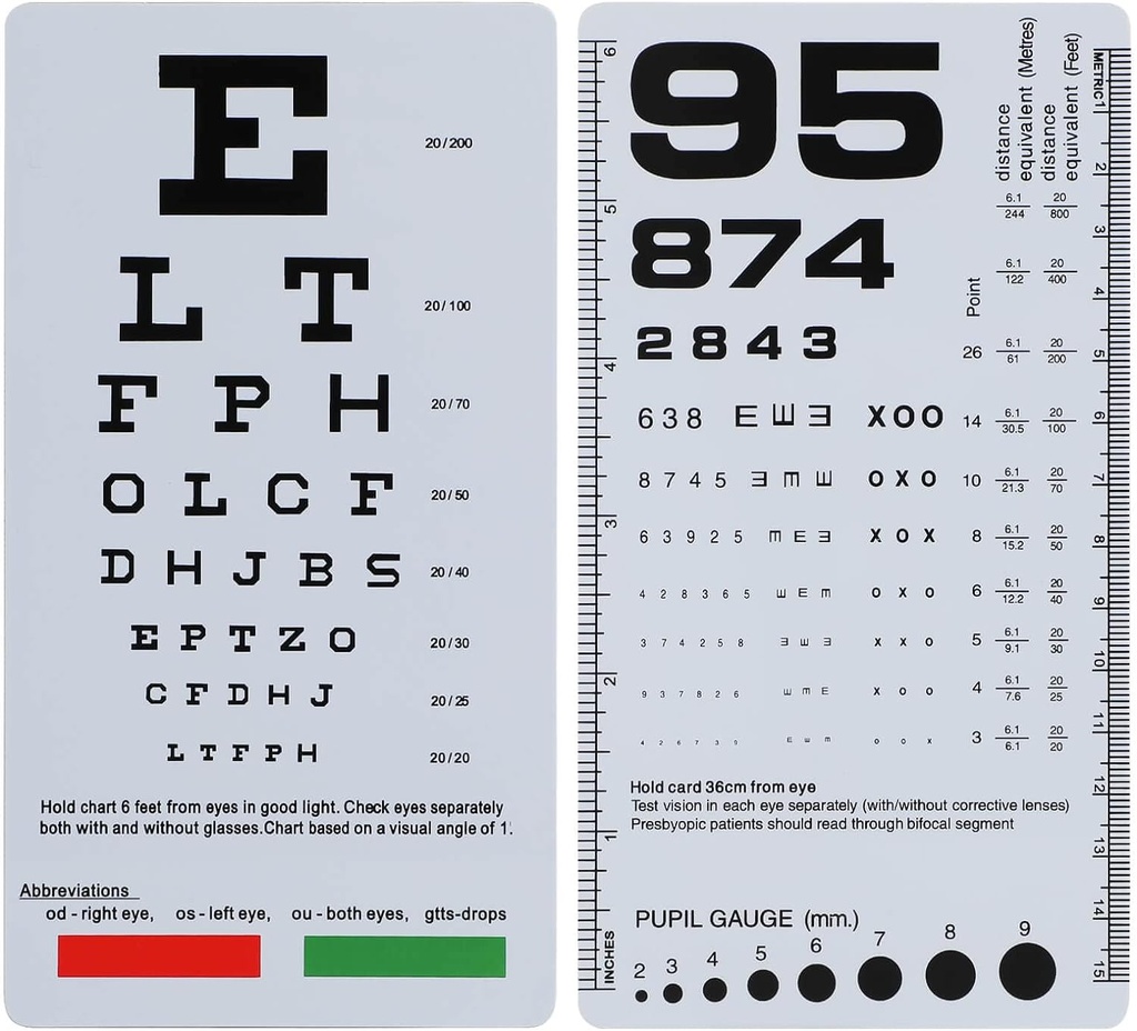 NOYOC 2 Pack Pocket Eye Chart, 2 i 1 Snellen & Rosenbaum Chart, 6,5x3.5 tommer, håndholdt dobbel sidet plast lav visjonskort for øyet eksamener (2 Pack 6 føtter)