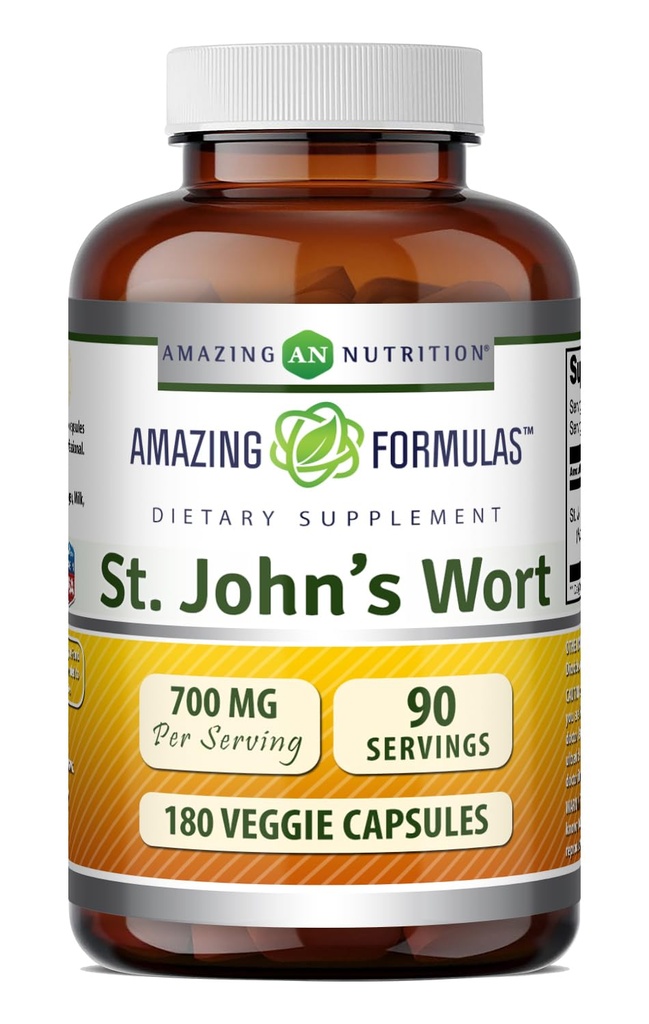 Amazing Formler St. John's Wort Supplement (Hypericum Perforatum Extract) | 700 Mg per Serving | Veggie Kapsler | Glutenfri | Ikke-GMO | Laget i USA (1 Pakke | 180 greve)