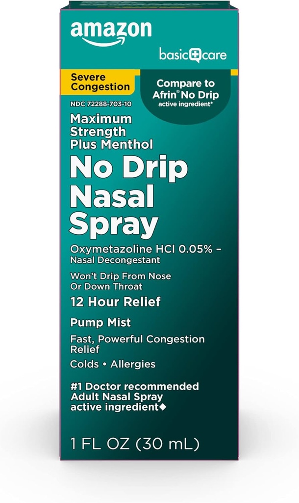 Basic Care No Drip Alvorlig 12 time Nasal Decongestant Pump Mist, Steroid Gratis, Maksimal styrke Plus Menthol 1 fl oz (pakke med 1)