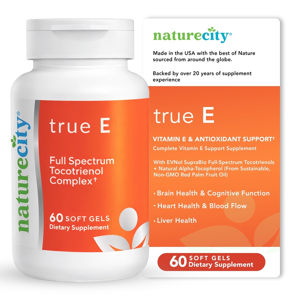 NatureCity True-E Full Spectrum Tocotrienols Vitamin E & Natural Alpha Tokoferol Supplement | bærekraftig vitamin E Tocotrienols fra Evnol Suprabio | Ikke-GMO Vitamin E Complex | 60 Myke geler