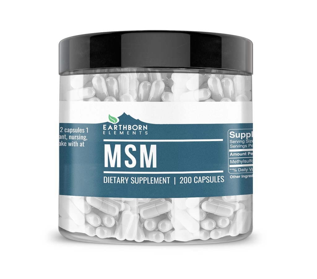 Jordfødte elementer Metylsulfonylmetan (MSM) 200 kapsler, ikke-GMO, Easy-to-Take Caps
