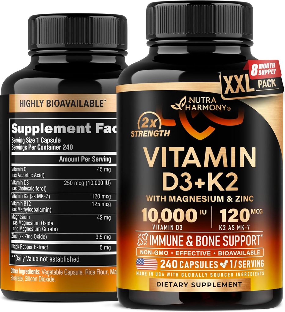 Vitamin D3 K2 - Vitamin D30000 iu & K2 som MK-7 120 mcg - Immun & Mood Support, for bein og tenner helse - med magnesium, sink & vitamin C & B12 - svært biotilgjengelig - laget i USA, 240 kapsler