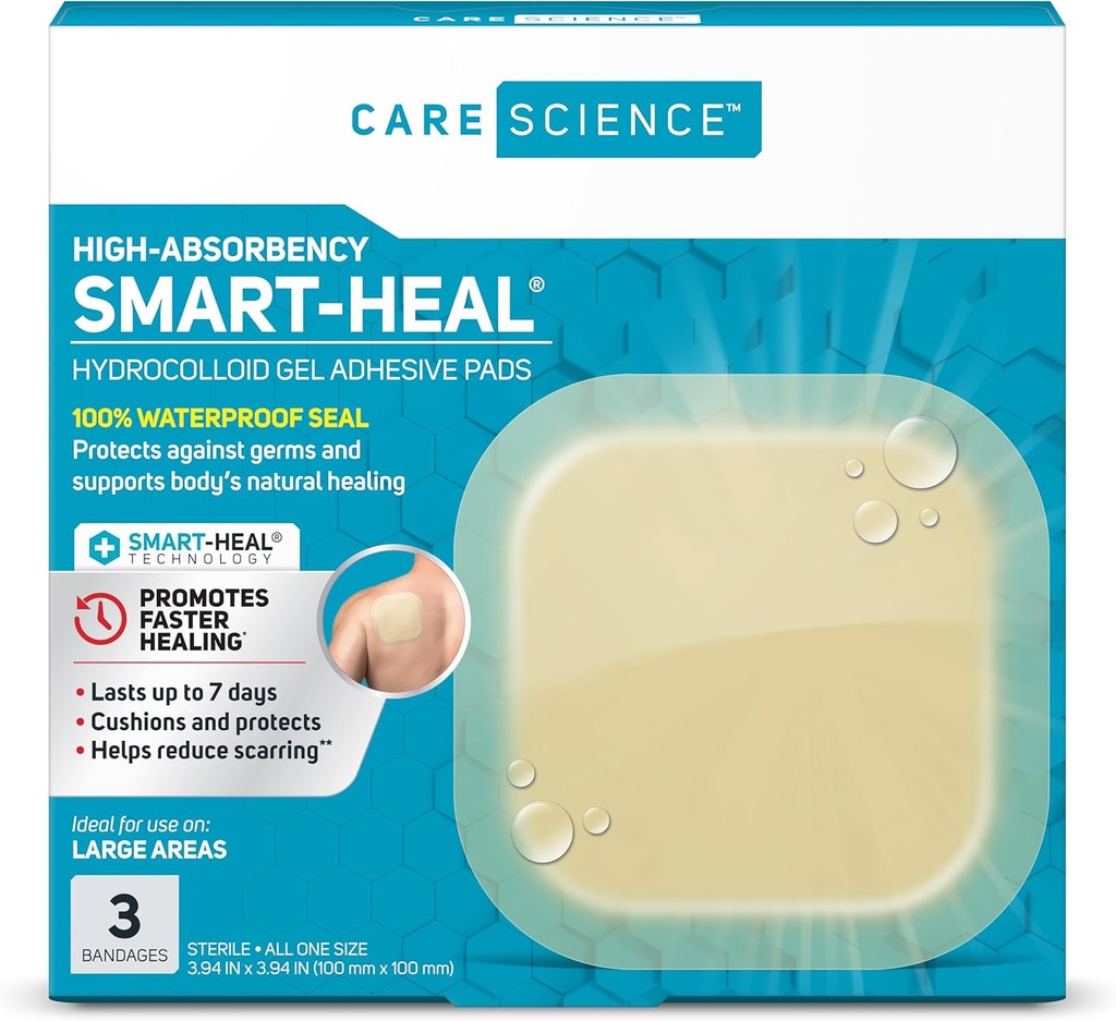 Care Science Smart Heal Hydrokolloid Bandages, Ekstra stor | 100% Vanntett Seal (4 i x 4 i, 3CT)