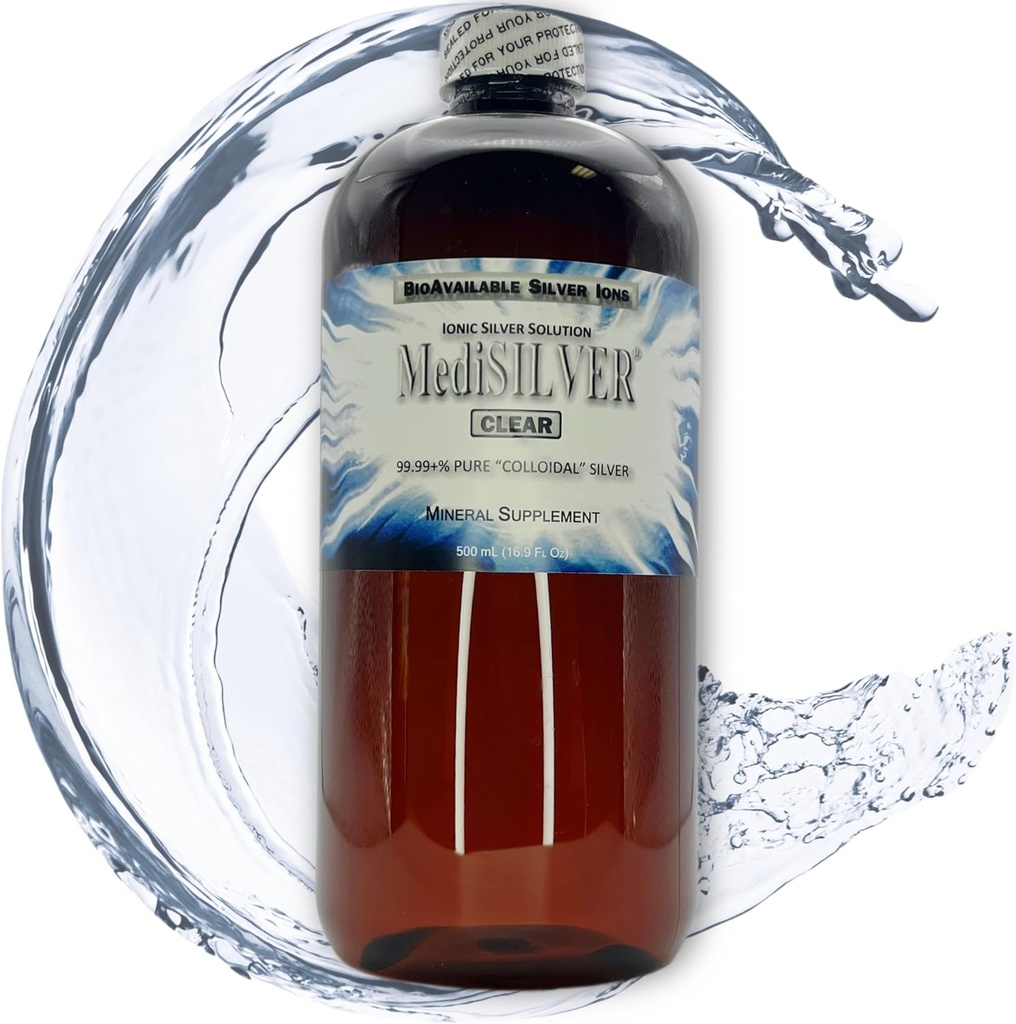 MediSILVER Klar Sann Gratis Ionisk Colloidal Sølv Diett Supplement - 500 ml (16,9 Fl Oz) i Amber BPA-fri plastflaske