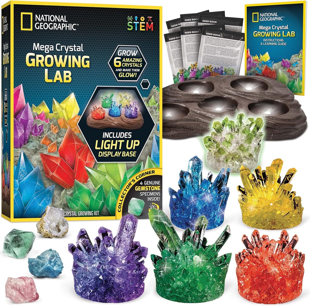 National Geographic Mega Crystal voksende Kit - vokse 6 krystaller med lys-opp stativ, vitenskap gaver for barn 8-12