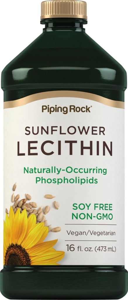 Piping Rock Sunflower Lecithin flytende Supplement | 16 oz Olje | naturlig forekommende Fosfolipider | Vegan, Soya Gratis, Ikke-GMO, Soya Free, Glutenfri