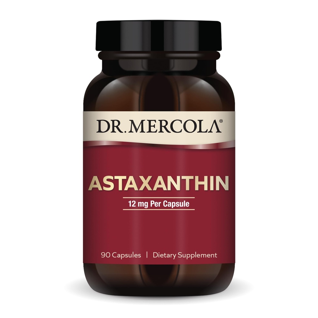 Dr. Mercola Organic Astaxanthin - 12 mg Astaxanthin - Kraftig antioksidant støtte - organisk mikroalgae ekstraksjon - Ikke-GMO, Glutenfri og soya-fri - 90 kapsler (90 serveringer)