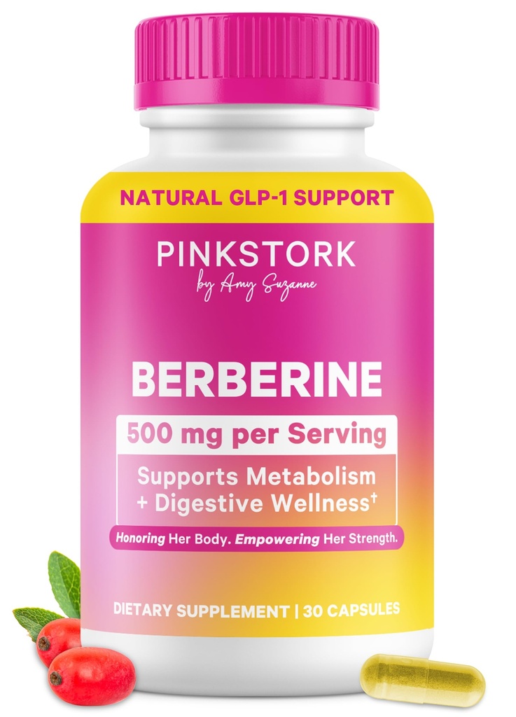 Pink Stork Berberine 500mg - Naturens GLP-1 Supplement - Daglig AMPK Metabolsk aktivator - 500-1000 mg Metabolisme + Gut Helse for kvinner | Tredjeparts testet | Vegansk | Ikke-GMO® 30 Kapsler