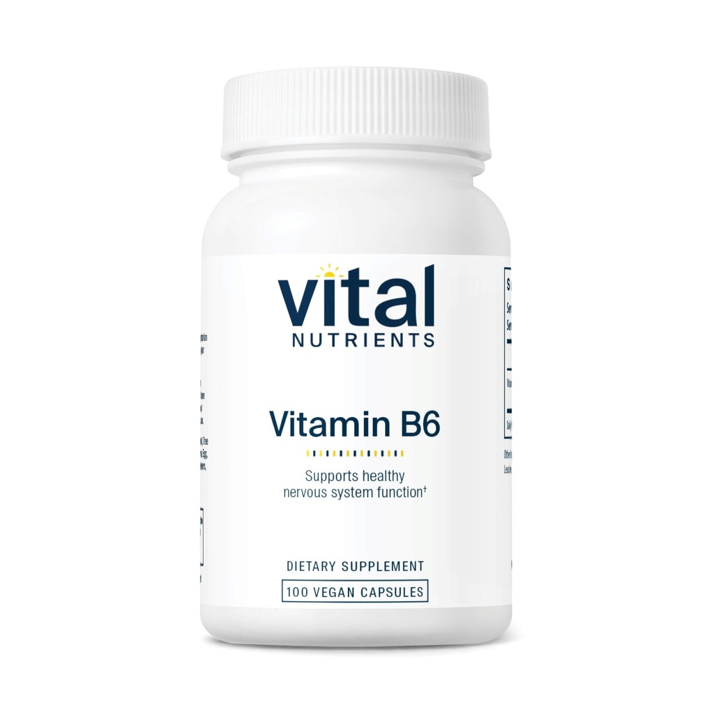 Vitale næringsstoffer Vitamin B6 | Veganmetylert B6 Vitaminer for nervesystem, Muskel, Bein Helse* | Høy potens Vitamin B6 for Menstruell Discomfort * | Gluten, Dairy, Soja Gratis | 100 Kapsler