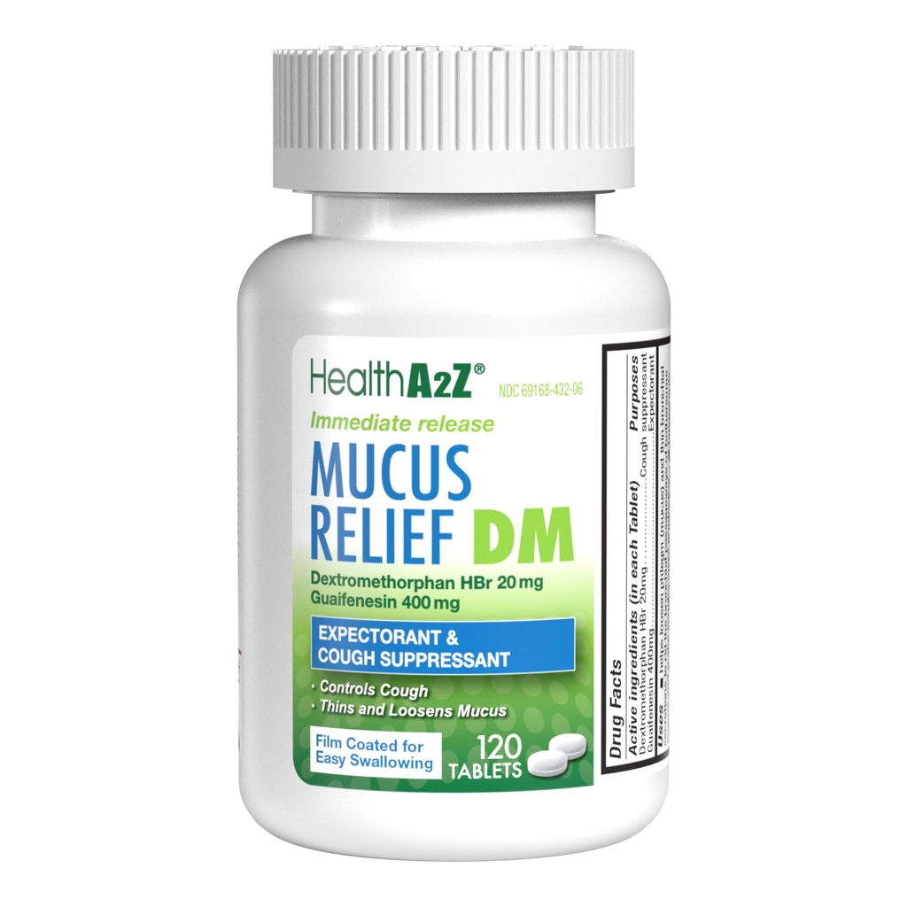 HealthA2Z® Mucus Relief DM | Dextromethorphan HBr 20 mg Guaifenesin 400 mg | No Benzene | Cough, umiddelbar frigivelse, ubelagt (120 antall (pakke av 1))