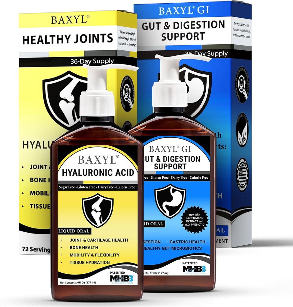 BAXYL & BaxylGI Bundle Pack - (6 fl oz hver) - Hyaluronsyre felles Supplement & Hylarunan Amaferm Prebiotic Digestive Supplement.