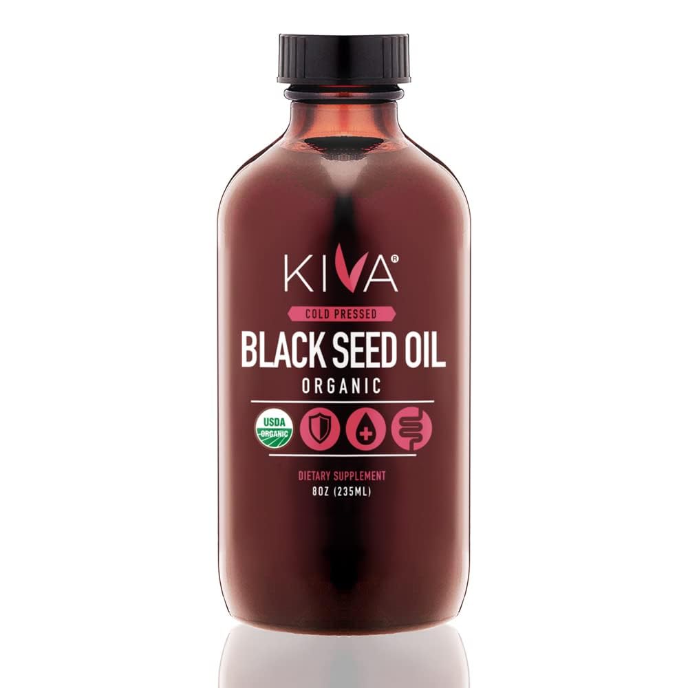 Kiva Organic Black Seed Oil - Ultra høy 3X Thymoquinon (TQ), kaldpresset, 100% tyrkisk Nigella Sativa Seed Oil, all-naturlig ikke-GMO Supplement - Vegan, 8 oz (235 ml) Glassflaske