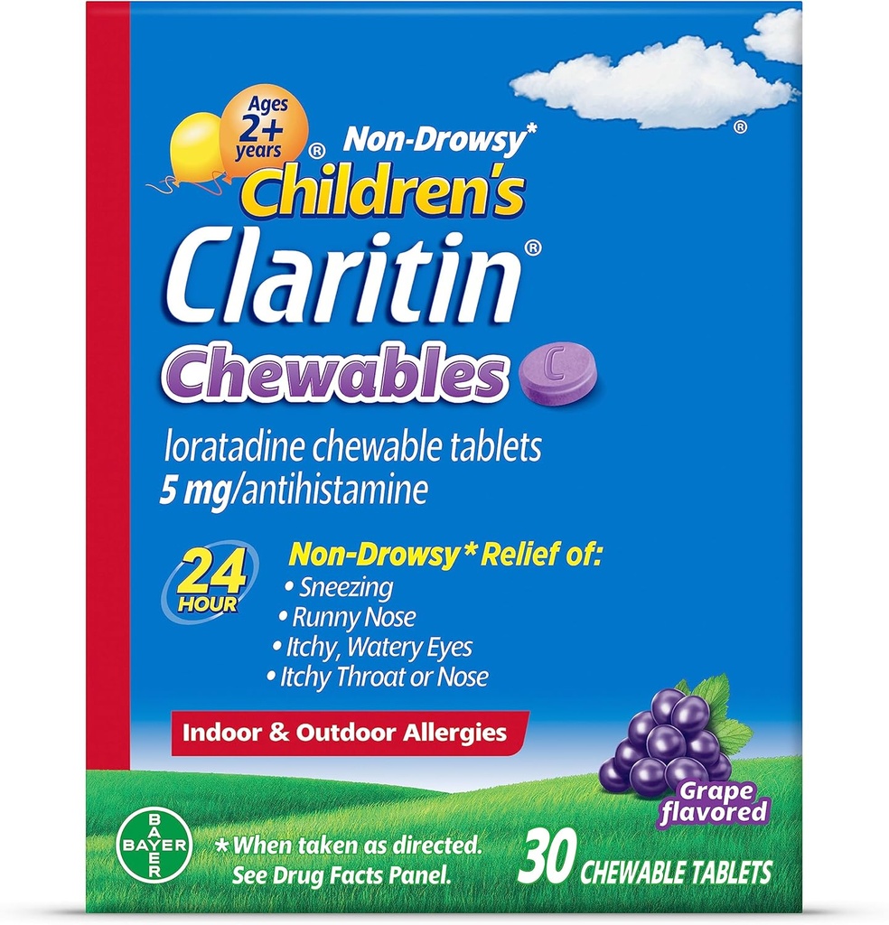 Barns Claritin Chewables 24 timers allergi relief, ikke døy barn Allergi medisin, Grape Antihistaminer Chewable Tabletter, 30 greve