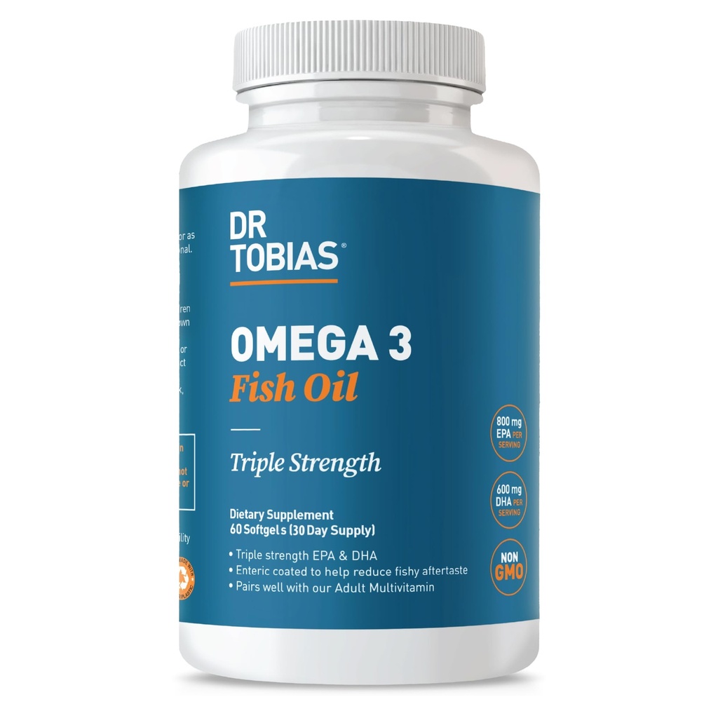 Dr. Tobias Omega 3 Fish Oil, 2000mg Trippel styrke med 800mg EPA 600mg DHA Per servering, Fish Oil Omega 3 Kosttilskudd for hjerte, hjerne og immunstøtte, 60 Softgels, 30 Serveringer