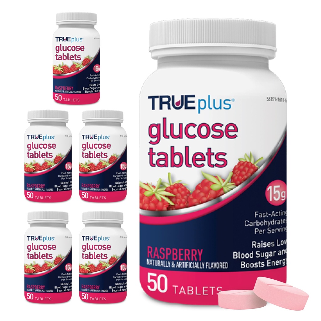 TRUEPlus® Glucose Tabletter, bringebærflavor - 50 greve (pakke med 6)