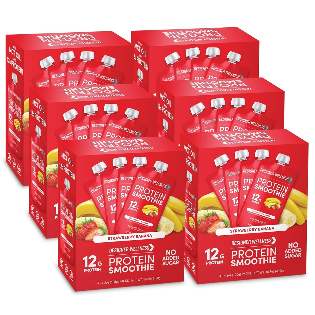 Designer wellness protein smoothie, ekte frukt, 12g protein, lav karbohydrat, null tilsatt sukker, glutenfri, ikke-GMO, ingen kunstige farger eller flavors, jordbær banan, 24 greve