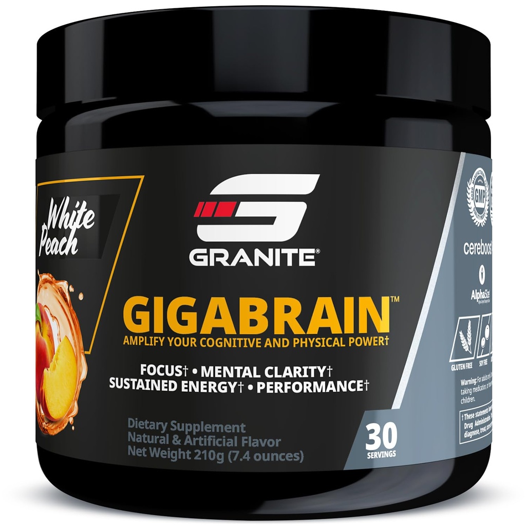 Granite Nutrition GigaBrain Nootropic Energy Powder - Cereboost, Alpha-GPC & ElevATP - Kognitiv fokus Supplement for vedvarende energi og ytelse - hvit fersken, 30 serveringer