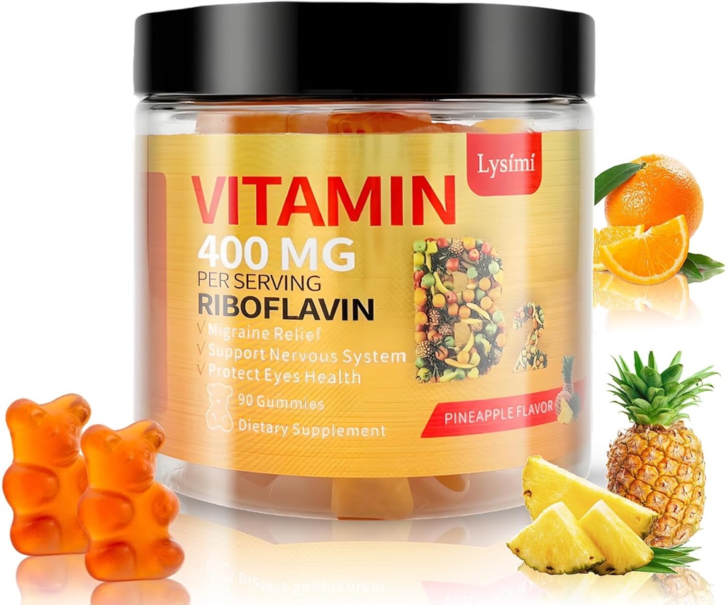 Vitamin B2 Gummies, Vitamin B2 Riboflavin Gummies 400 mg med magnesium & Coq10, Migrenelief og hodepine Relief, for barn og voksne, 90 Chewable Gummies (1)