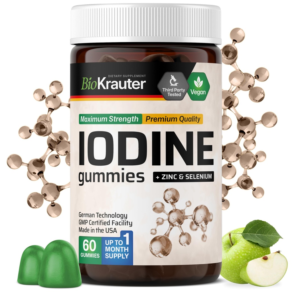BIO KRAUTER Iodine Gummies - 60 Vegan Chews - 250 mikrog Kalium jodid - jodin Supplement med Selenium Zink - Apple Flavor, Pectin-basert Chews