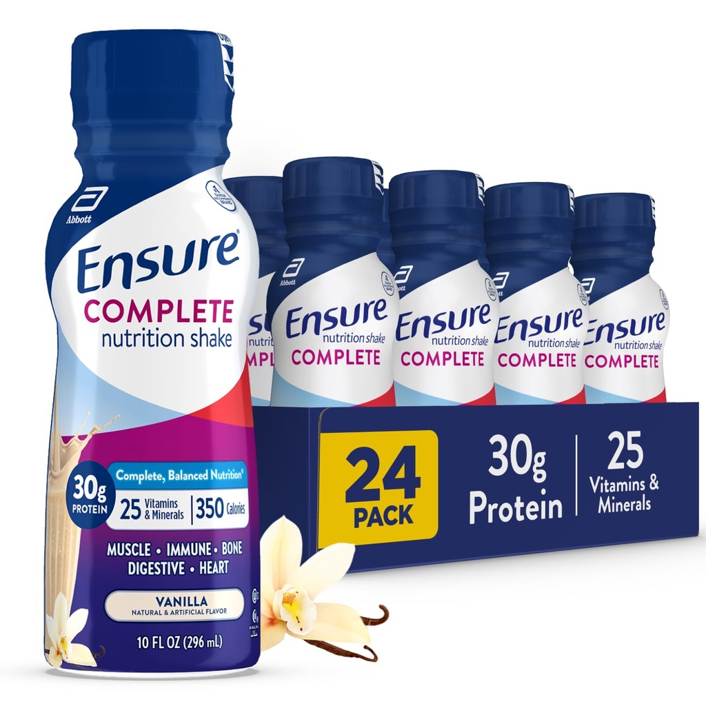 Sikre COMPLETE Vanilla Nutrition Shake, Komplett, balansert måltidserstatning, klar til å drikke, 30g Protein, 25 vitaminer og mineraler, 10 fl oz—24 Pack