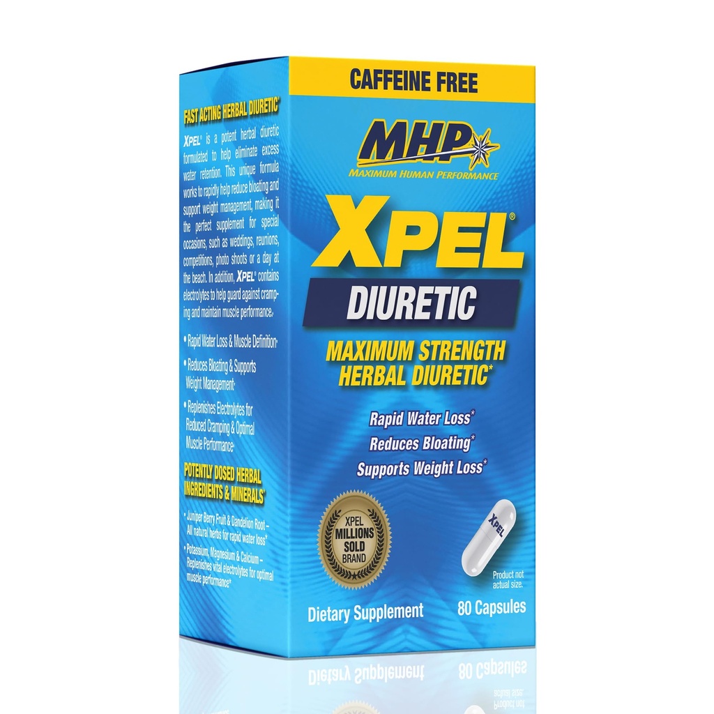 MHP Xpel Maksimal styrke Diuretiske vannpiller, for vanntetthetsrelief, koffeinfri med vitamin B-6 Kalium Dandelion Root, 80 kapsler