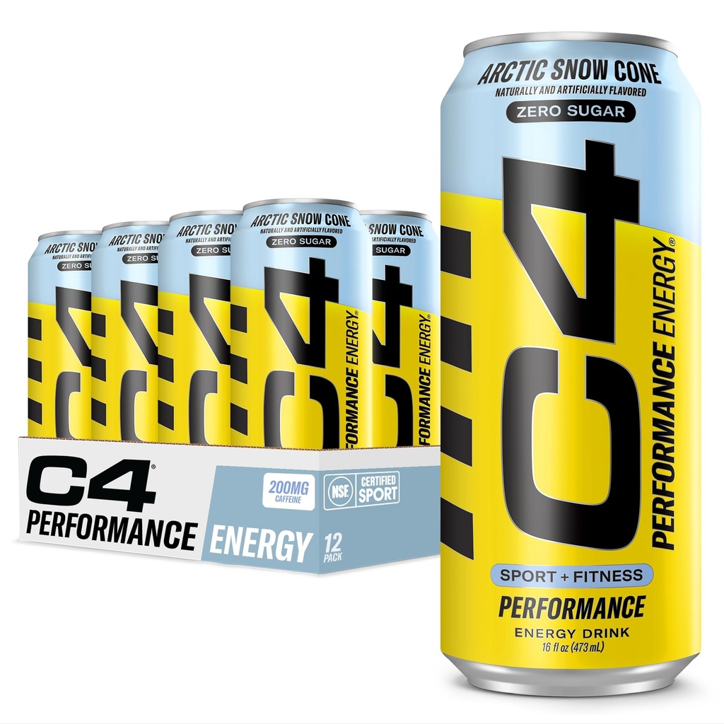 Cellucor C4 Carbonated Zero Sugar Energy Pre Workout Drink + Beta Alanine, (NEW) Sparkling Arctic Snow Cone, 16 Fl Oz, Pakke med 12