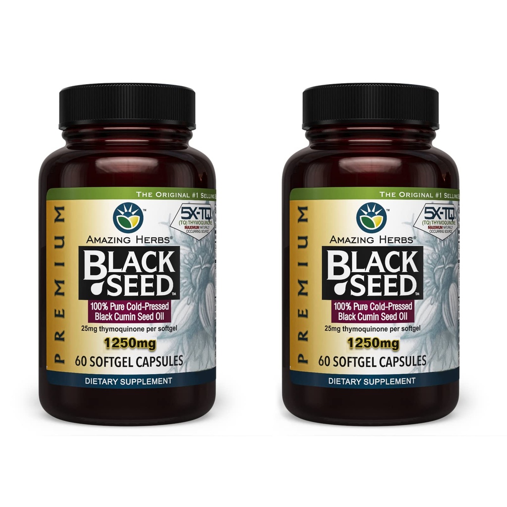 Amazing urter Premium Black Seed Oil Capsules - høy styrke, kald presset Nigella Sativa Aids i Digestiv Helse, Immun støtte og hjernefunksjon - 60 greve, 1250mg (Pack of 2)