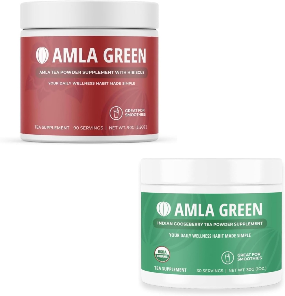 Amla pulver & grønn te Superfood Supplement, Antioksidant støtte, laget med Hibiscus (90 serveringer) & indiske goosebær (30 serveringer), organisk, vegansk