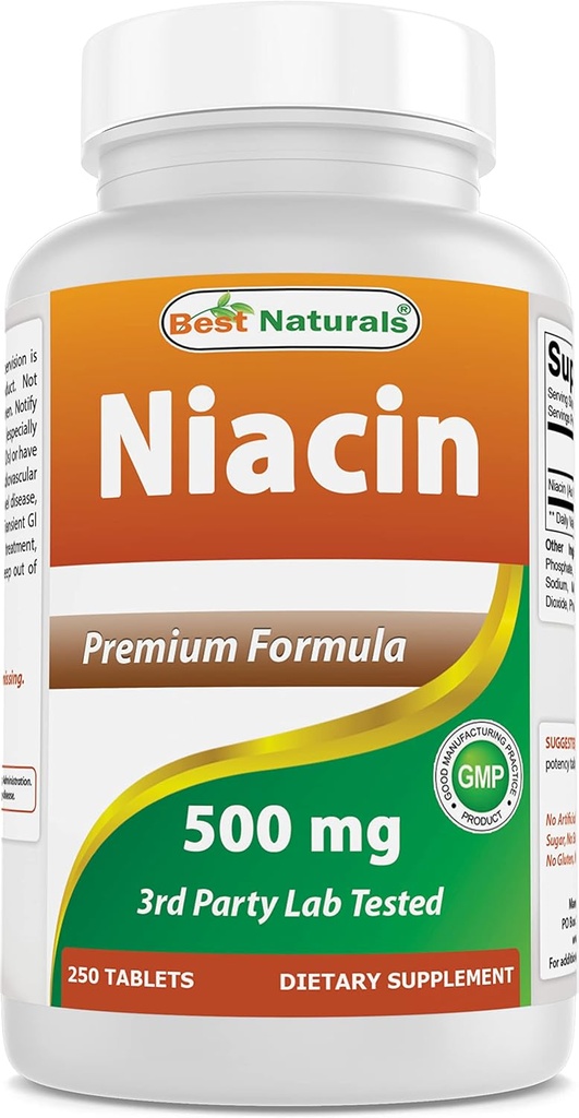 Best Naturals Niacin 500 mg 250 tabletter med flushing - også kalt vitamin B3 (250 greve (pakke med 1))