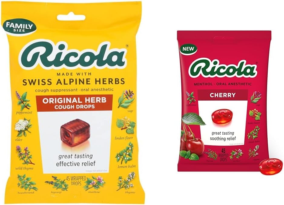 Ricola Opprinnelig naturlig urt Cough Suppressant Throat drops, 45 dråper, kjemper Coughs naturlig, Soothes Throats, naturlig beroligende relief & Cherry Throat drops, 45 greve