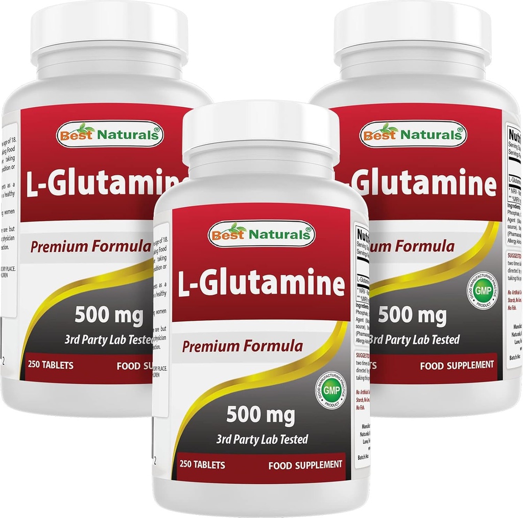 Beste Naturals L-Glutamine 500 mg, 250 tabletter (250 greve (pakke på 3))