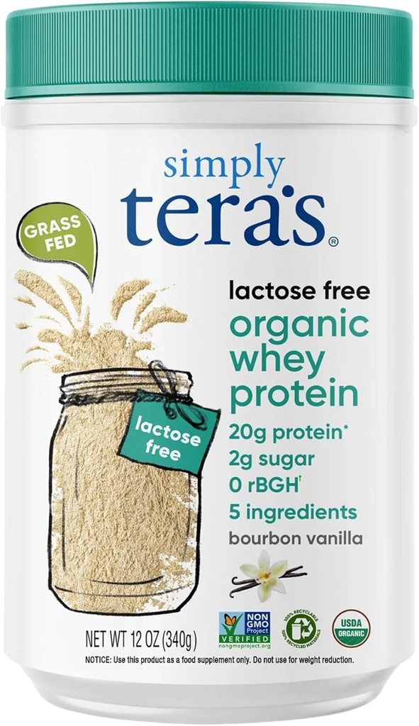 Bare tera's Laktose Free Organic Whey Protein Powder - Laktose gratis, Vanilla, 20g protein Per Serving, Ikke-GMO, Glutenfri, rBGH-Free, Kosher - 12 Oz.