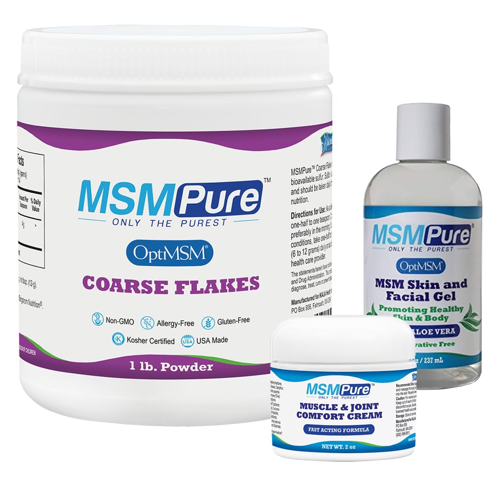 KALA Helse MSMPure Starter Bundle med MSM Coarse Flakes 1lb, MSM Muscle & Joint Cream 2oz og MSM Gel med organisk Aloe 8oz