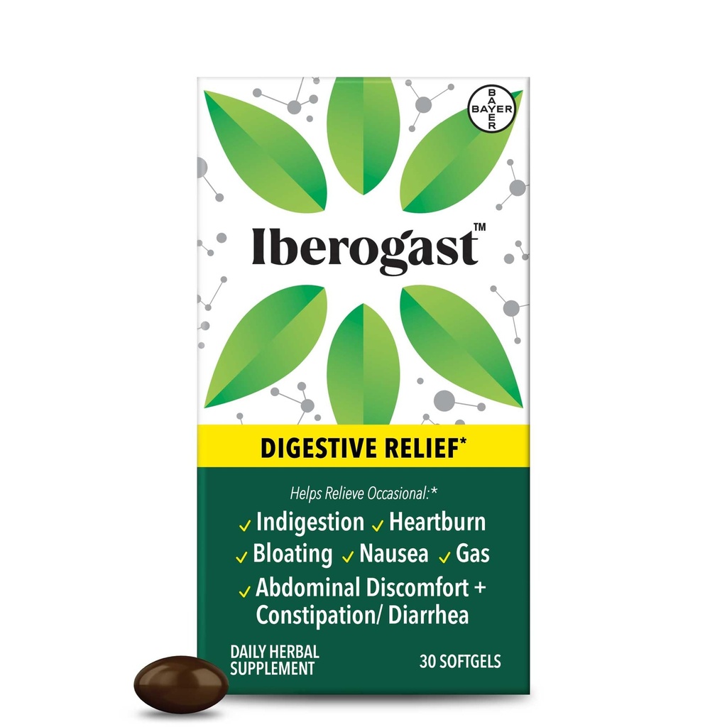 Iberogast Softgels, Herbal Relief of Mage Upsets: Av og til Indigation, Bloating, Gas, Kvalme, Upset Mage; 6-Hjert Blande med Iberis Amara, Peppermynte, Licens Balm; 30ct