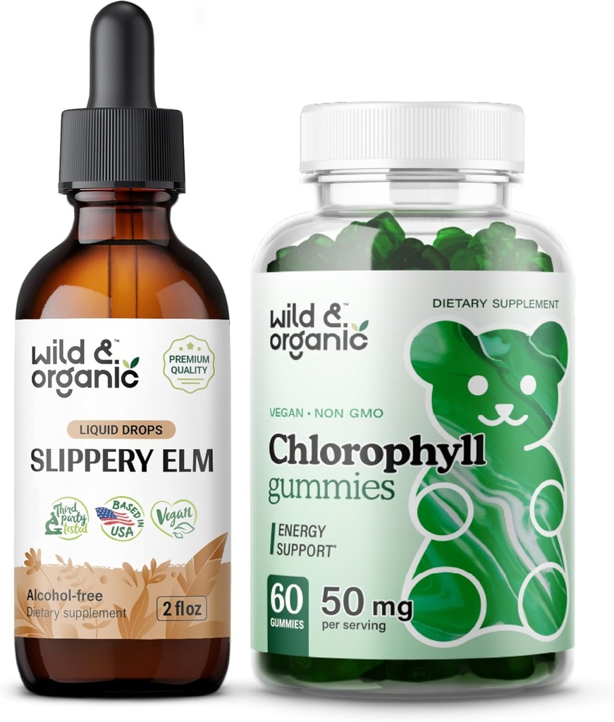 Wild & Organic Slippery Elm Tinktur 2 fl oz & Klorofyll Gummies 60 Chews