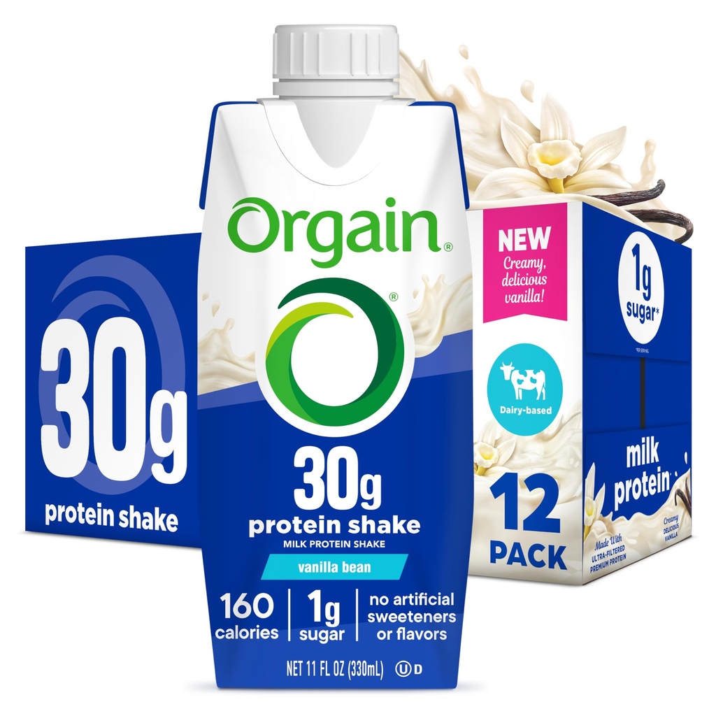 Orgain 30g High Protein Shake, Dairy Isolate Milk Protein, Vanilla Bean, 5g BCAA, 1g Sukker Per Serving, Måltid Erstatning, Klar til å drikke, Keto Vennlig, Glutenfri 11 Fl Oz (pakke med 12)