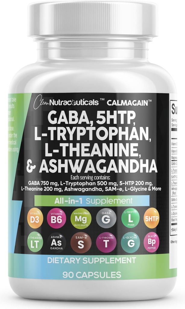 Clean Nutraceuticals GABA 750mg 5 HTP 200mg L Tryptophan 500mg L Theanine 200mg Ashwagandha SAM-e L-Glycine - Mood Support Vitaminer for kvinner og menn med L-tyrosin 5-HTP (5-hydroxytryptophan)