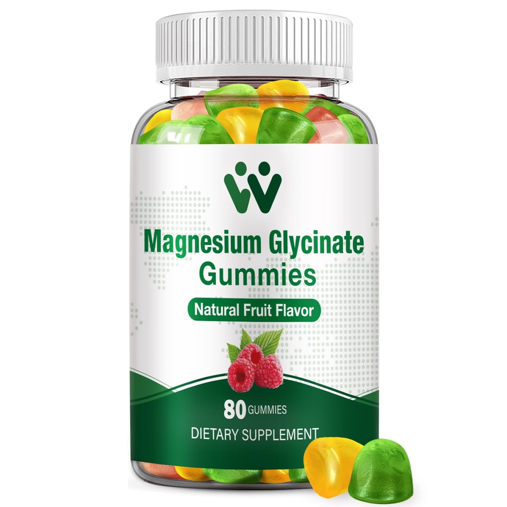Magnesium Glycinate Gummies for voksne - sukkerfri magnesiumkalium Supplement for rolig humør, muskel, bein og energi støtte, 80 gummies