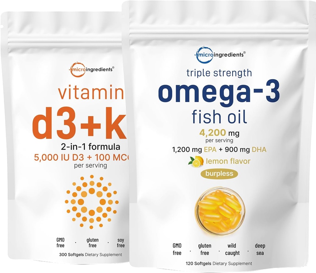 Mikro ingredienser Vitamin D3 5000iu + K2 100mcg Softgels & Omega-3 Fish Oil 120 Softgels Bundle 2 Pack | Essential Sunshine Vitamins | Wild-Caught fisk, sitron Flavored, Burpless