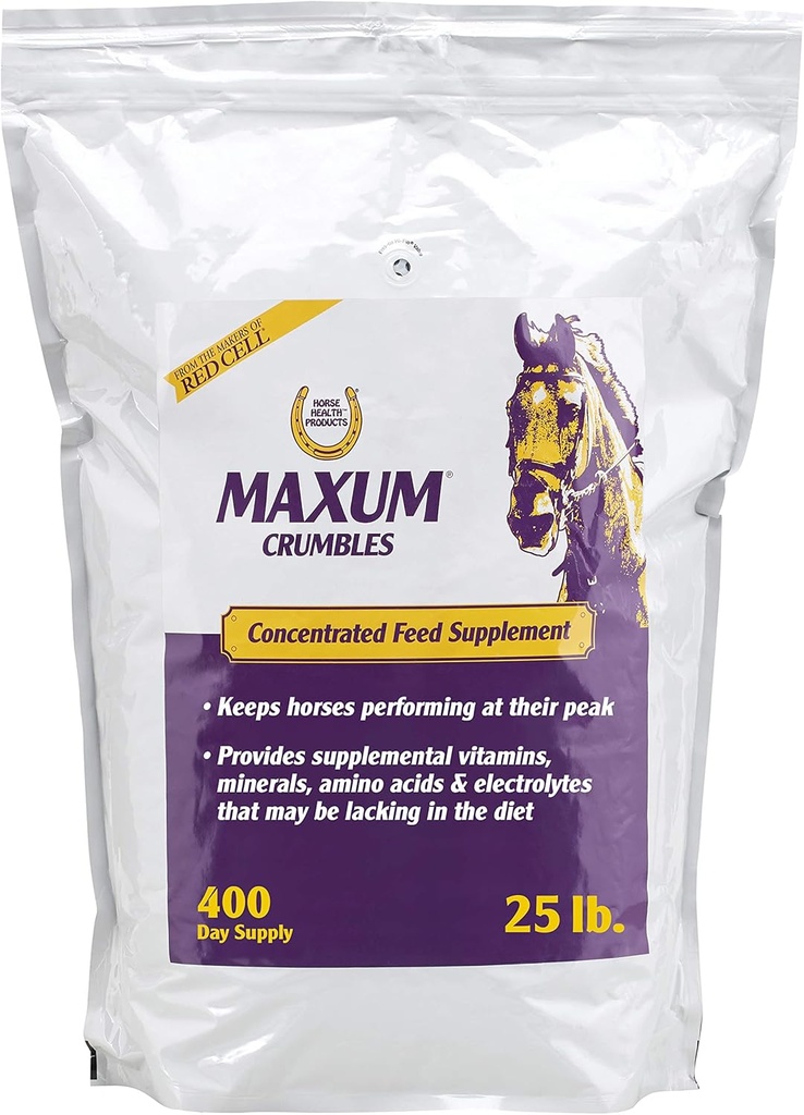 Heste Helse Maxum Crumles Konsentrert fôr supplement for hester, gir et bredt utvalg av bra næringsstoffer for dagens Equine Athlete 25 pund